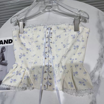 Internet celebrity style 2025 summer new style sweet lady lace edge drawstring design fishbone waist tube top vest for women