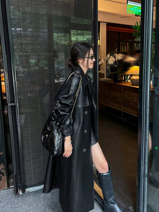 Black Oversize leather windbreaker women's mid-length 2024 spring and autumn new high-end coat PU leather jacket