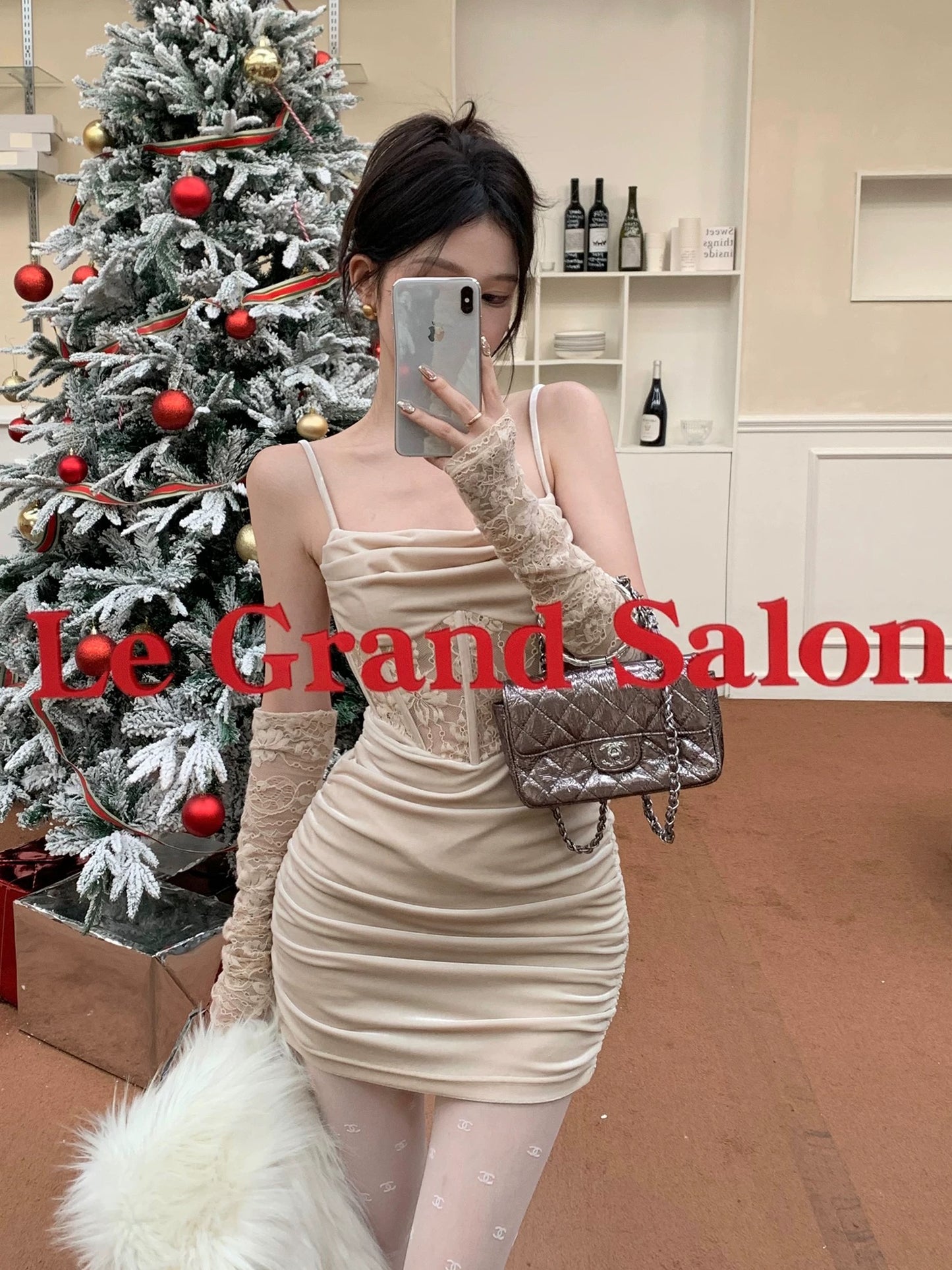 MOXI spot Christmas atmosphere fishbone suspender long velvet slim hip dress