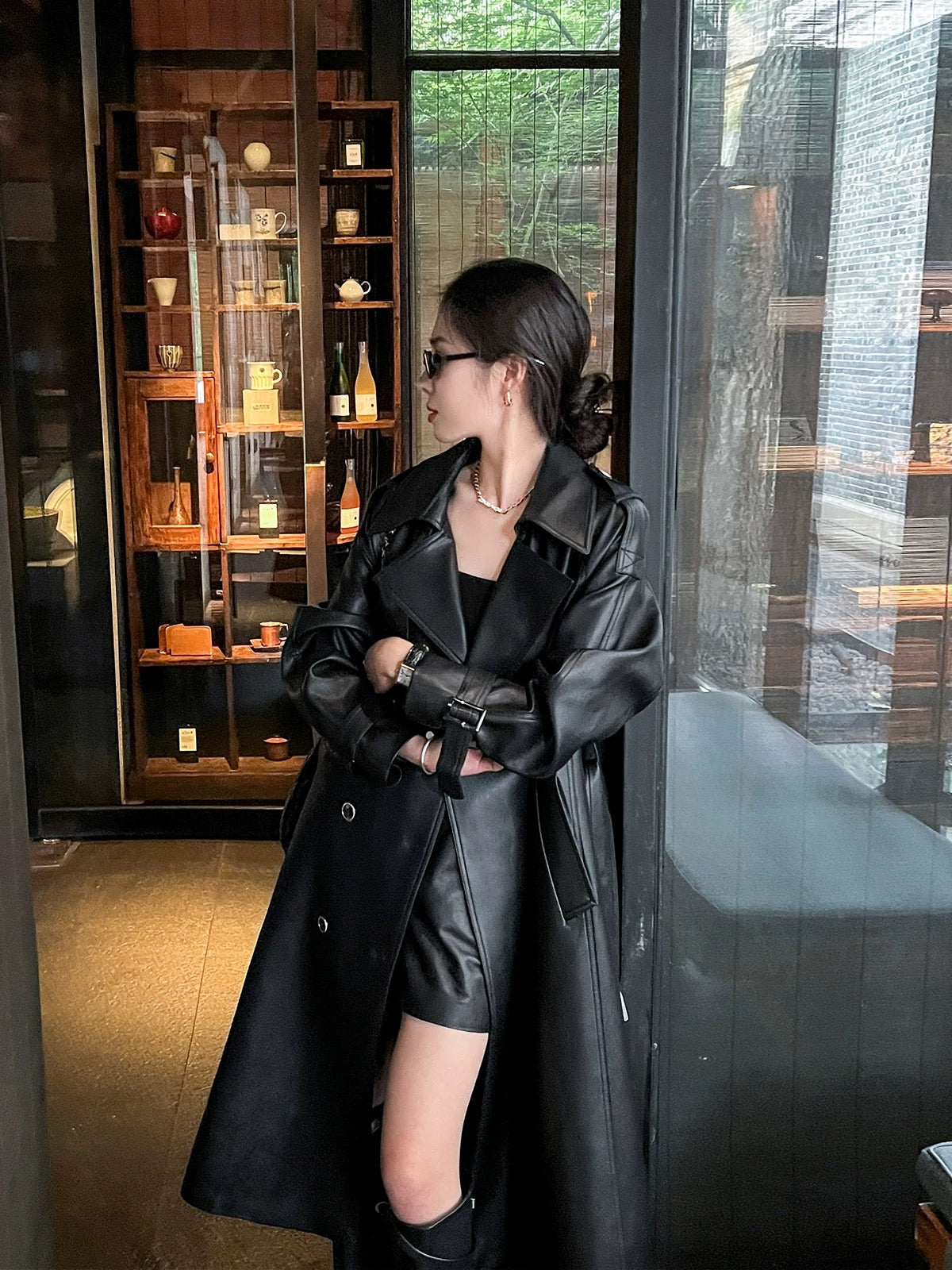 Black Oversize leather windbreaker women's mid-length 2024 spring and autumn new high-end coat PU leather jacket