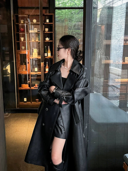 Black Oversize leather windbreaker women's mid-length 2024 spring and autumn new high-end coat PU leather jacket