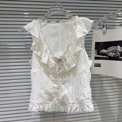 Internet celebrity style 2025 summer new style sweet temperament bow pin lotus leaf collar hot diamond vest small shirt for women