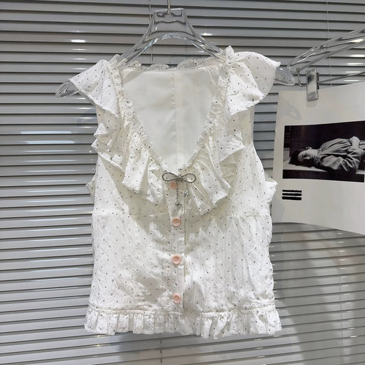 Internet celebrity style 2025 summer new style sweet temperament bow pin lotus leaf collar hot diamond vest small shirt for women