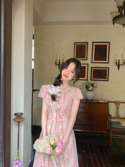 Miss Chipmunk Rose Lover Sweet Floral Dress Little Women's Summer French Style Long Dress