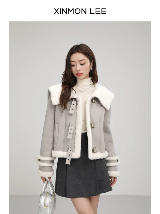 XinmonLee Korean retro loose slim short jacket thick winter women's loose lambswool top