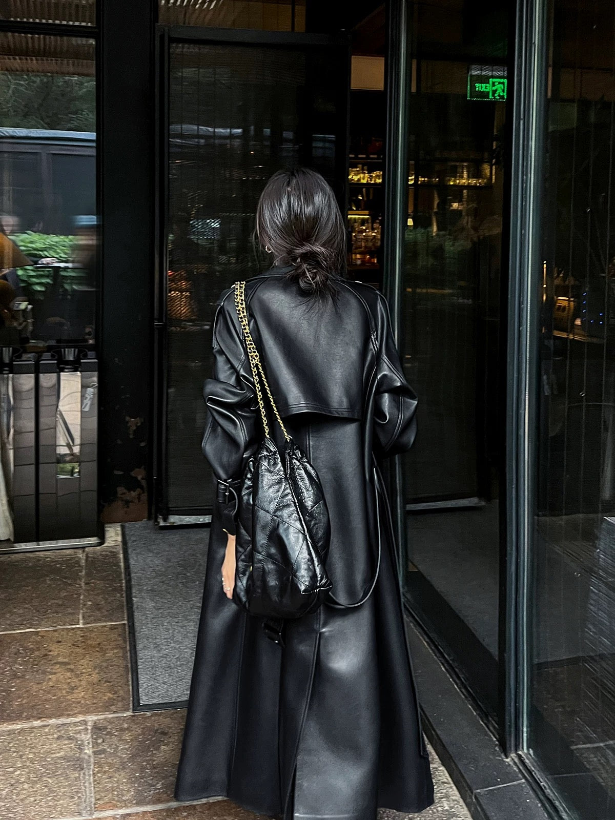 Black Oversize leather windbreaker women's mid-length 2024 spring and autumn new high-end coat PU leather jacket