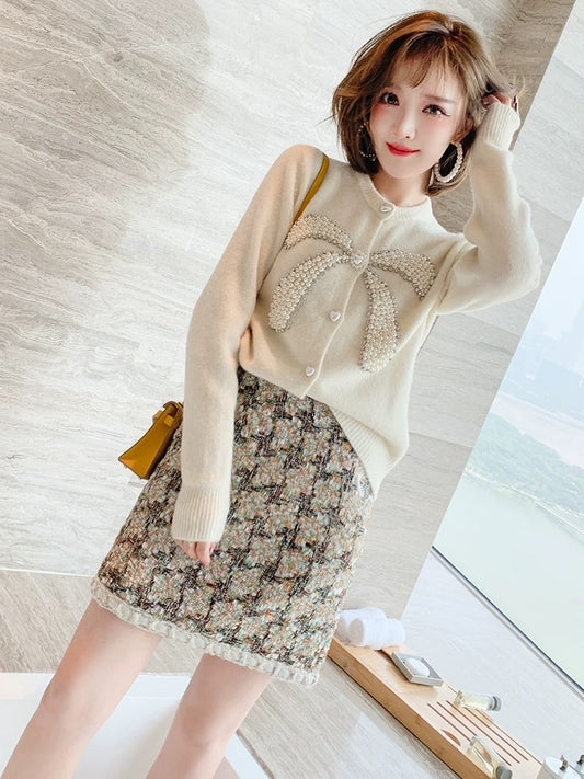 MIUCO Diamond Beaded Bow Round Neck Knitted Cardigan + Tweed Chic Skirt Set