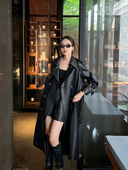 Black Oversize leather windbreaker women's mid-length 2024 spring and autumn new high-end coat PU leather jacket