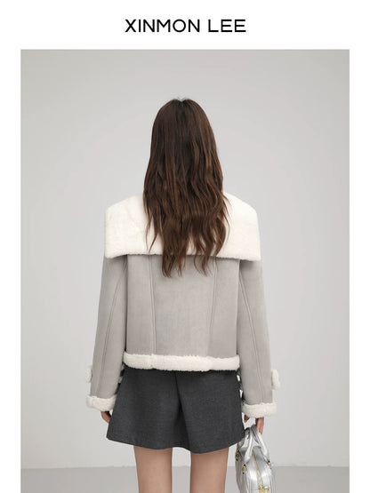 XinmonLee Korean retro loose slim short jacket thick winter women's loose lambswool top