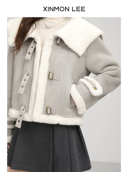 XinmonLee Korean retro loose slim short jacket thick winter women's loose lambswool top