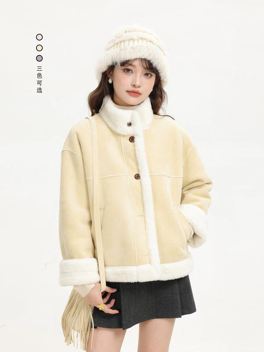 XinmonLee yellow deerskin short thickened coat women's winter super good-looking Korean style stand collar lambskin