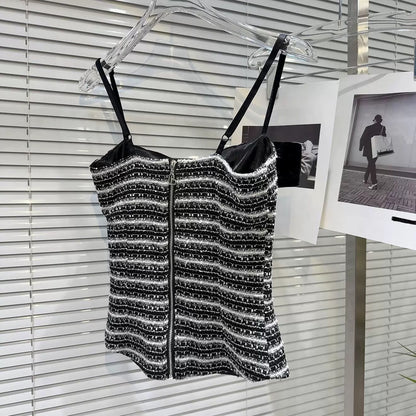 Internet celebrity style 2025 summer new style temperament lady rhinestone bow pin velvet edge striped camisole
