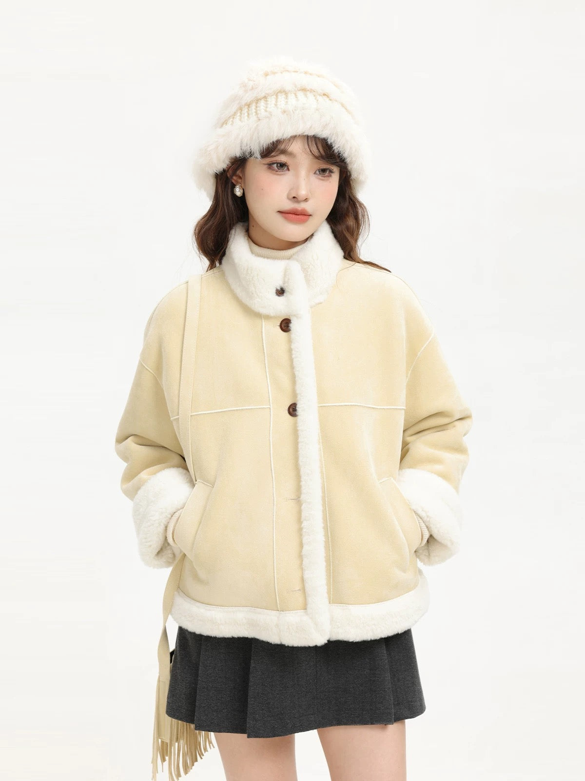 XinmonLee yellow deerskin short thickened coat women's winter super good-looking Korean style stand collar lambskin