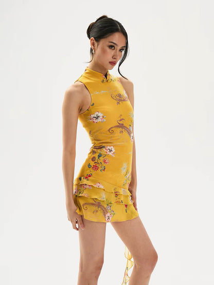 FINDYAWINGS New Chinese Style Printed Slim Fit Stand Collar Cheongsam Dress (Short Skirt) - A Must-Have for Homebodies