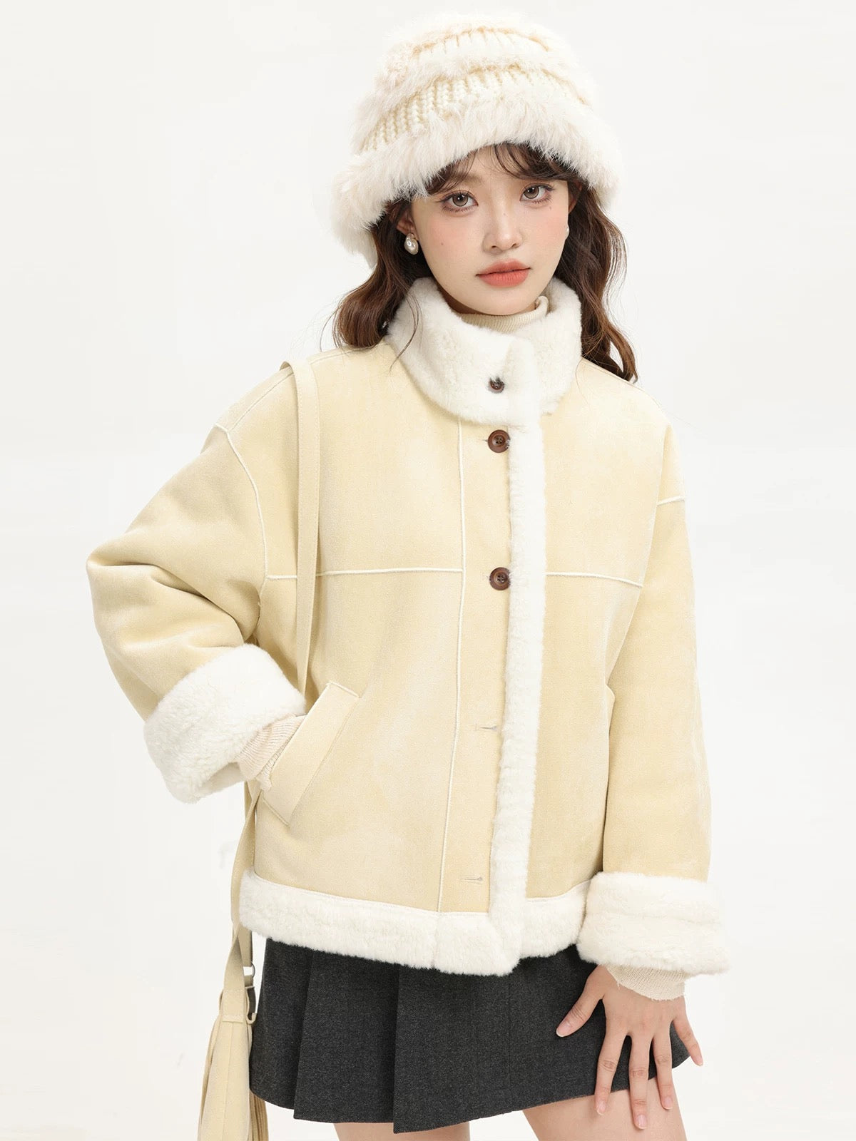XinmonLee yellow deerskin short thickened coat women's winter super good-looking Korean style stand collar lambskin