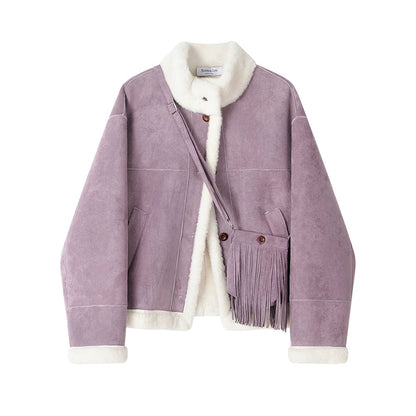 XinmonLee yellow deerskin short thickened coat women's winter super good-looking Korean style stand collar lambskin