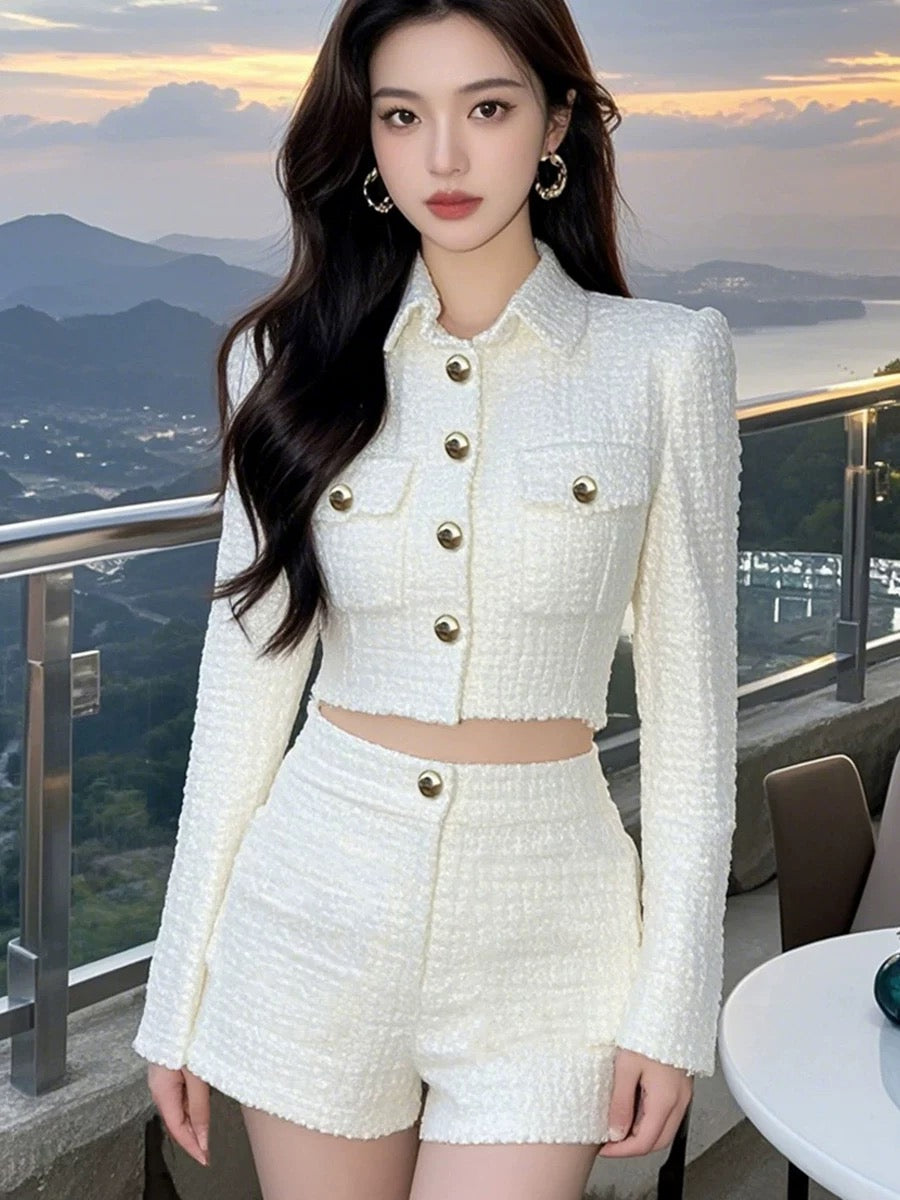 Elegant socialite small fragrance design lapel long-sleeved cardigan top high-waisted skirt temperament two-piece suit for women