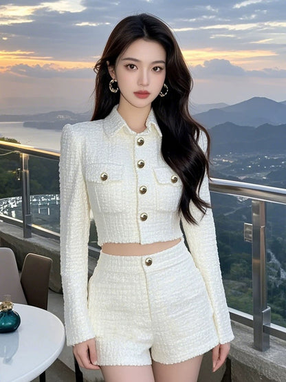 Elegant socialite small fragrance design lapel long-sleeved cardigan top high-waisted skirt temperament two-piece suit for women