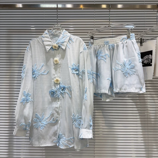 Internet celebrity same style 2025 summer new holiday casual style thin embroidered flower button shirt shirt + shorts set