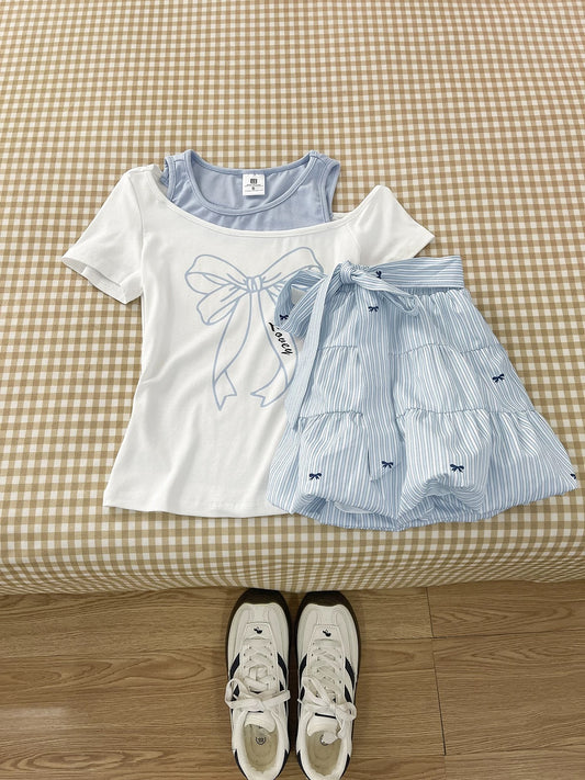 Great value for money! Summer niche fake two-piece off-shoulder short-sleeved T-shirt for women blue striped short skirt suit