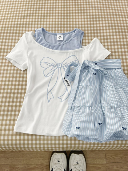 Great value for money! Summer niche fake two-piece off-shoulder short-sleeved T-shirt for women blue striped short skirt suit