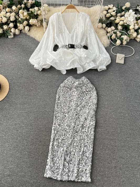 Yujie high-end western-style suit for women, fashionable lady waist-cinching ruffled pleated top + high-waisted sequined skirt