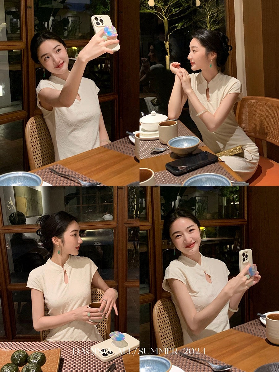 Xu Daqing [Qingwan] New Chinese style elegant textured knitted cheongsam collar dress for women high waist slim long skirt