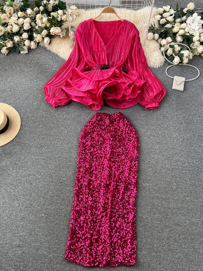 Yujie high-end western-style suit for women, fashionable lady waist-cinching ruffled pleated top + high-waisted sequined skirt