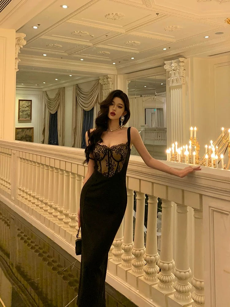 Gft sTudio [Marin's daughter] Pure desire niche temperament slit hip lace splicing suspender dress
