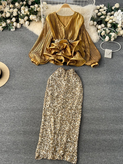 Yujie high-end western-style suit for women, fashionable lady waist-cinching ruffled pleated top + high-waisted sequined skirt