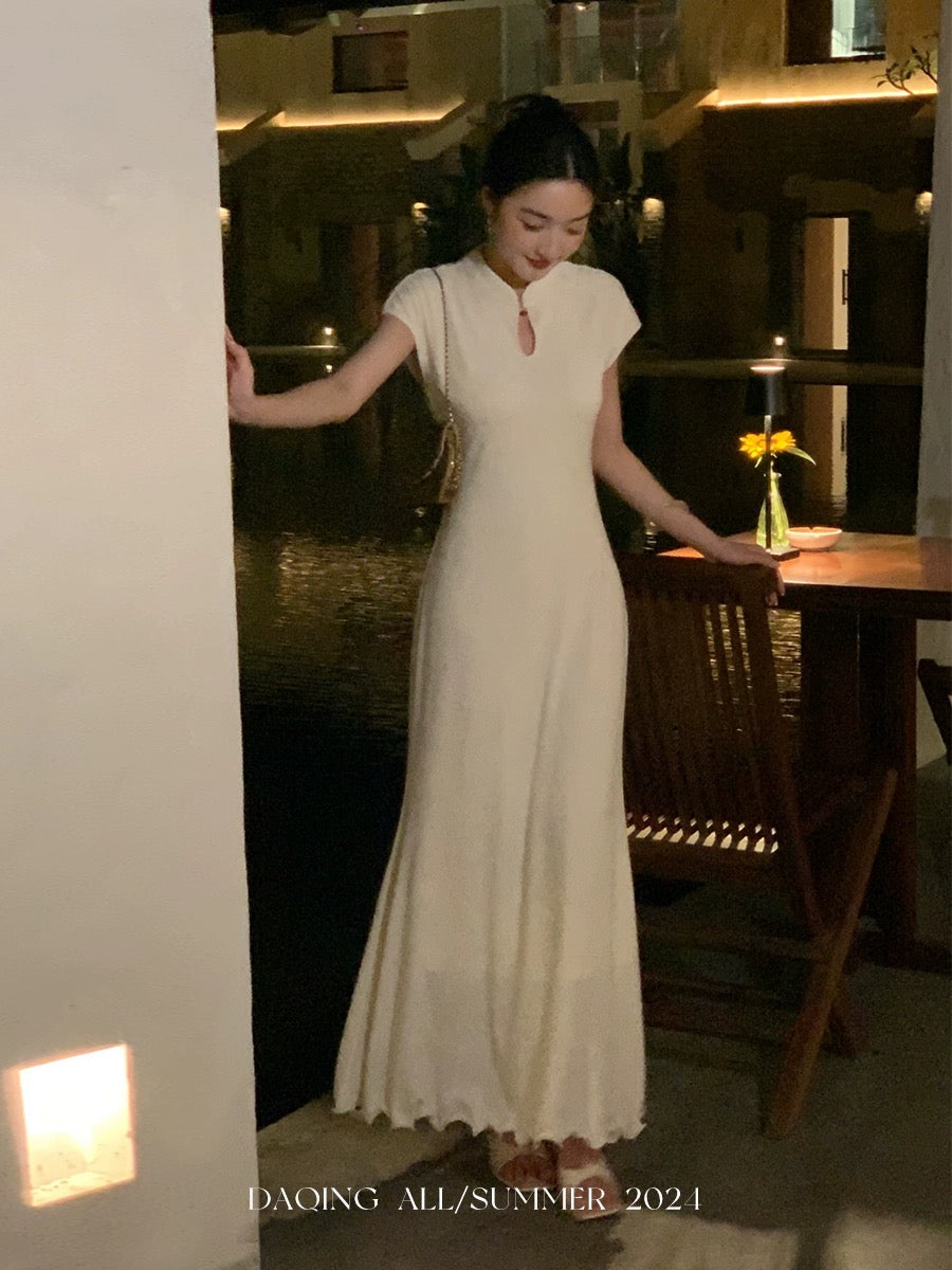 Xu Daqing [Qingwan] New Chinese style elegant textured knitted cheongsam collar dress for women high waist slim long skirt