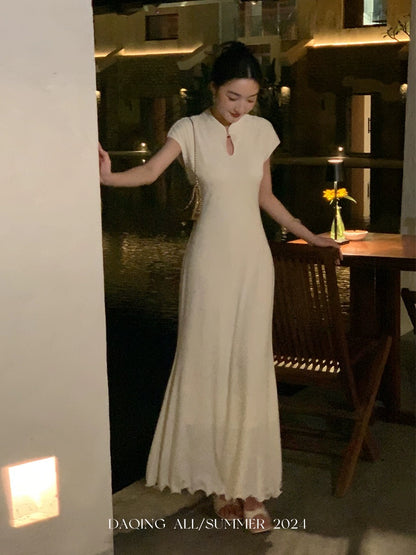 Xu Daqing [Qingwan] New Chinese style elegant textured knitted cheongsam collar dress for women high waist slim long skirt