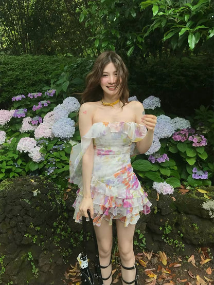 "Mischief of Cookie" Floral Fairy Heiress Style Lotus Leaf Floral Print Slimming Dress