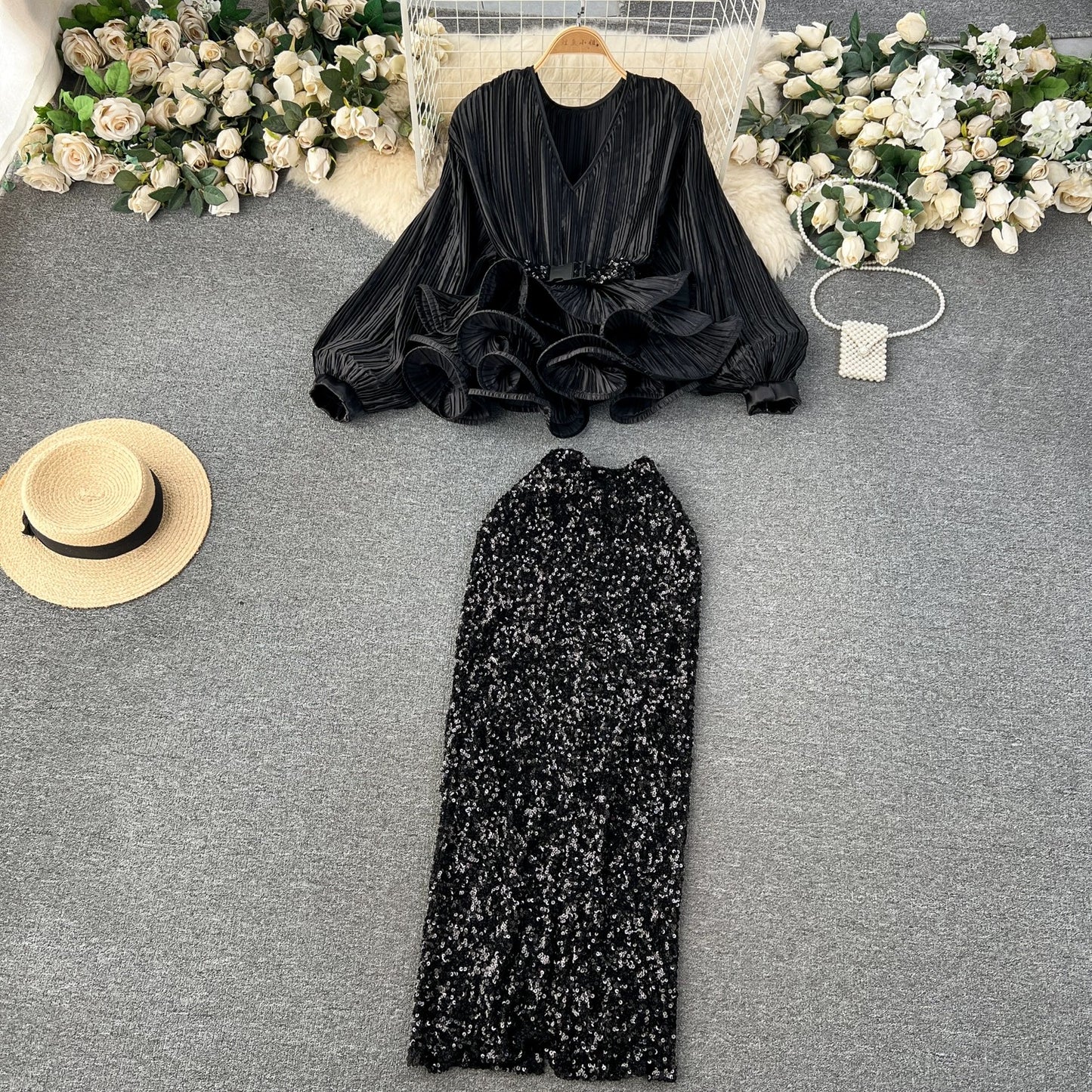 Yujie high-end western-style suit for women, fashionable lady waist-cinching ruffled pleated top + high-waisted sequined skirt