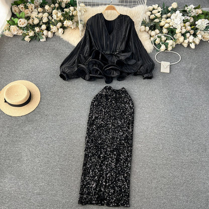 Yujie high-end western-style suit for women, fashionable lady waist-cinching ruffled pleated top + high-waisted sequined skirt