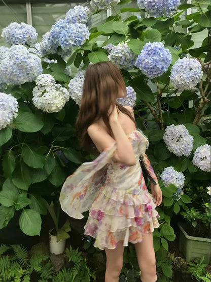 "Mischief of Cookie" Floral Fairy Heiress Style Lotus Leaf Floral Print Slimming Dress