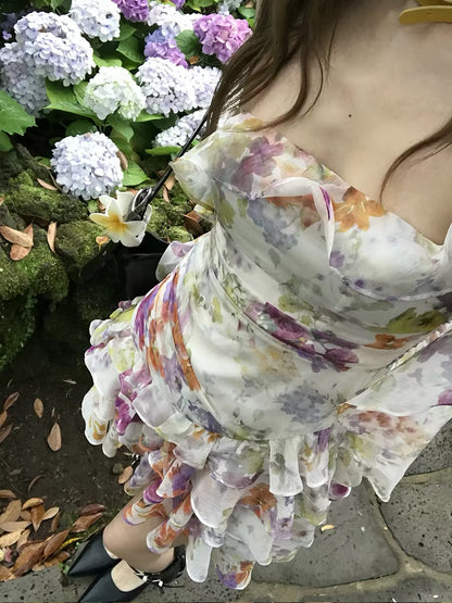 "Mischief of Cookie" Floral Fairy Heiress Style Lotus Leaf Floral Print Slimming Dress