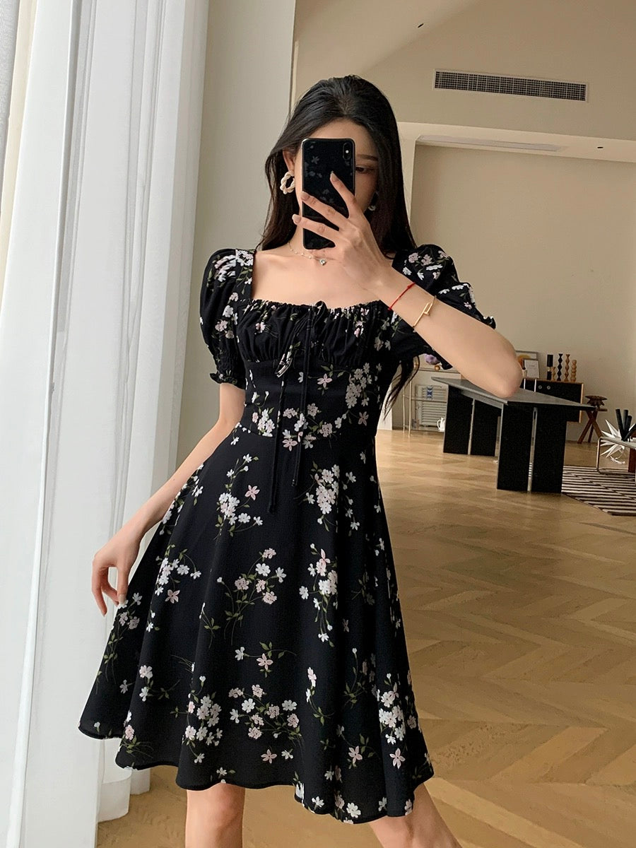 FT GUOGE black floral dress women's 2024 summer new high-end waist slimming square neck short skirt