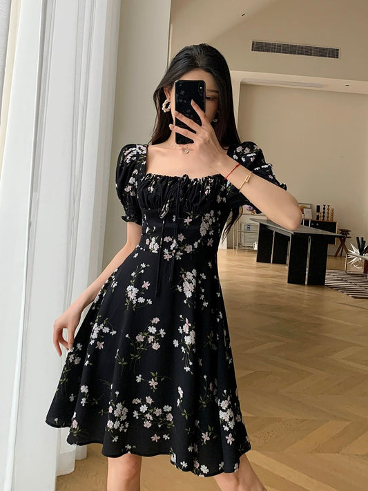 FT GUOGE black floral dress women's 2024 summer new high-end waist slimming square neck short skirt