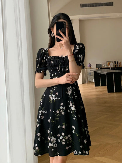 FT GUOGE black floral dress women's 2024 summer new high-end waist slimming square neck short skirt