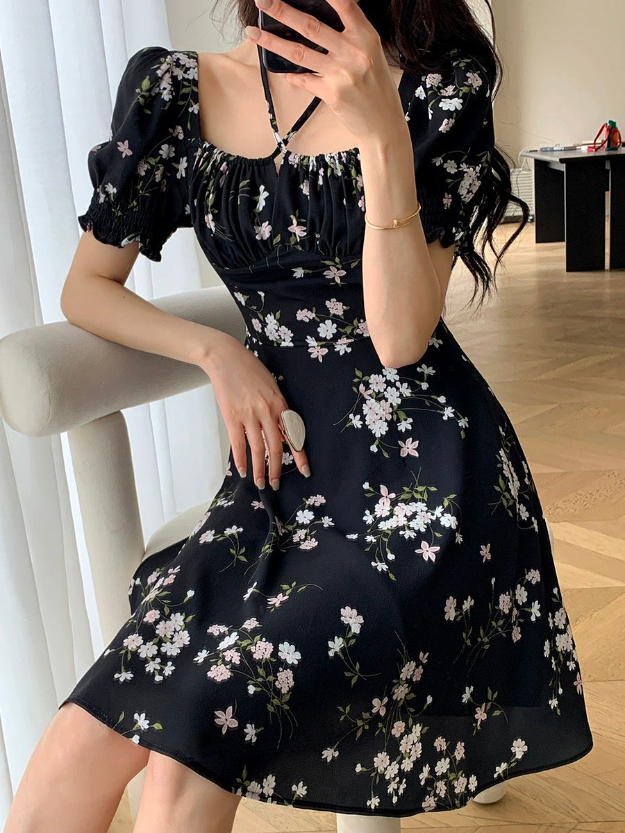 FT GUOGE black floral dress women's 2024 summer new high-end waist slimming square neck short skirt