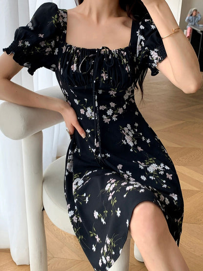 FT GUOGE black floral dress women's 2024 summer new high-end waist slimming square neck short skirt