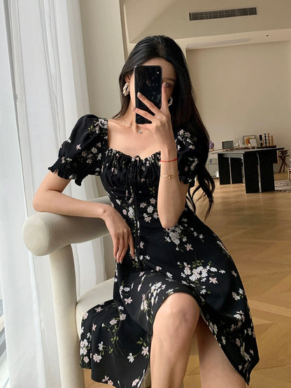 FT GUOGE black floral dress women's 2024 summer new high-end waist slimming square neck short skirt