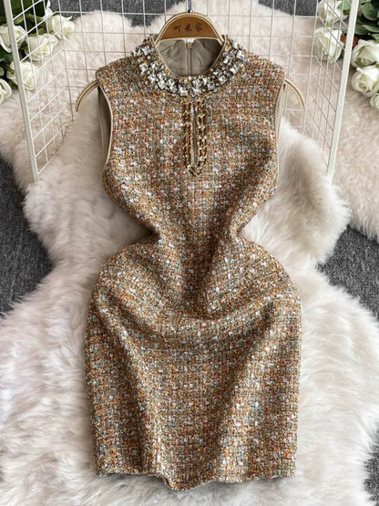 Xiaoxiangfeng half-open collar diamond-embellished waist sleeveless dress for women autumn 2024 new style chaebol daughter temperament short skirt