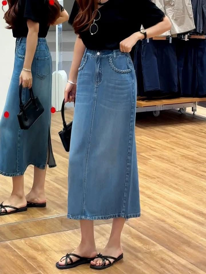 Denim skirt women's ultra-thin drape 2025 summer new elastic waist small size slit ice skin Tencel midi skirt