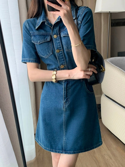 FT GUOGE blue denim dress for women 2024 new high-end waist slimming temperament commuting summer short skirt