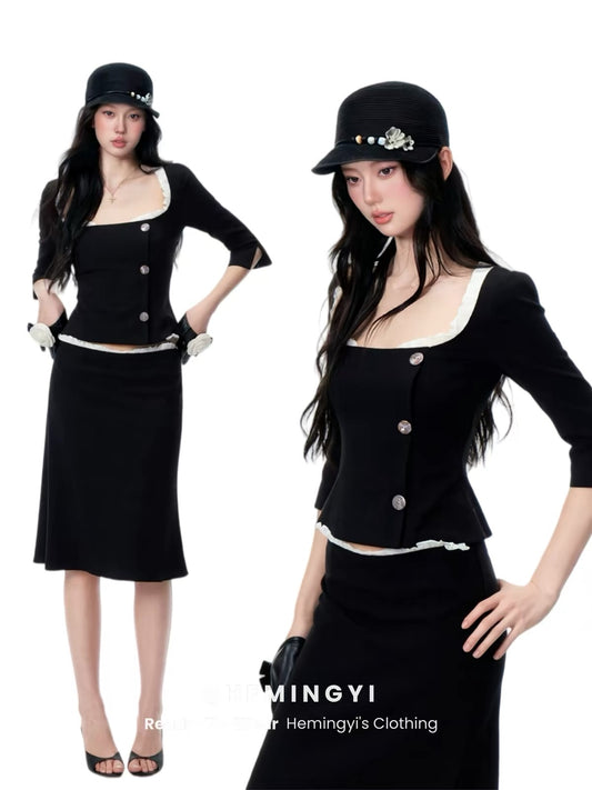 In-Stock HMY Women's Autumn Two-Piece Set: Slim-Fit Square-Neck Ruffled Top & High-Waisted Skirt