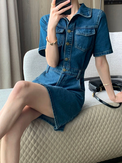 FT GUOGE blue denim dress for women 2024 new high-end waist slimming temperament commuting summer short skirt