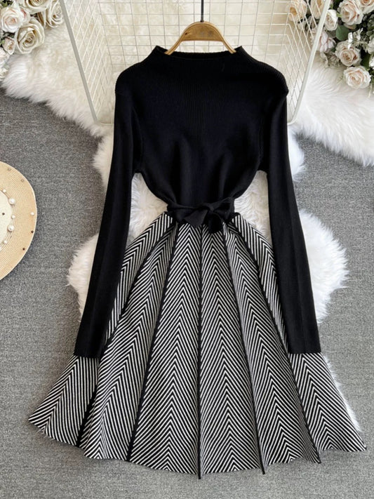 Autumn and winter fashionable ladylike long-sleeved stand-up collar waist slimming lace-up splicing A-line knitted full-length dress