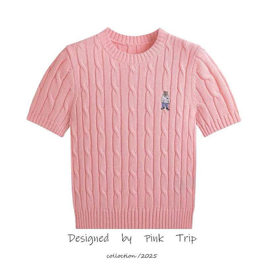Pink Trip Bear Embroidered Cable Short Sleeve Knit Sweater Women 2025 Summer New Slim Fit Cable Top T-shirt